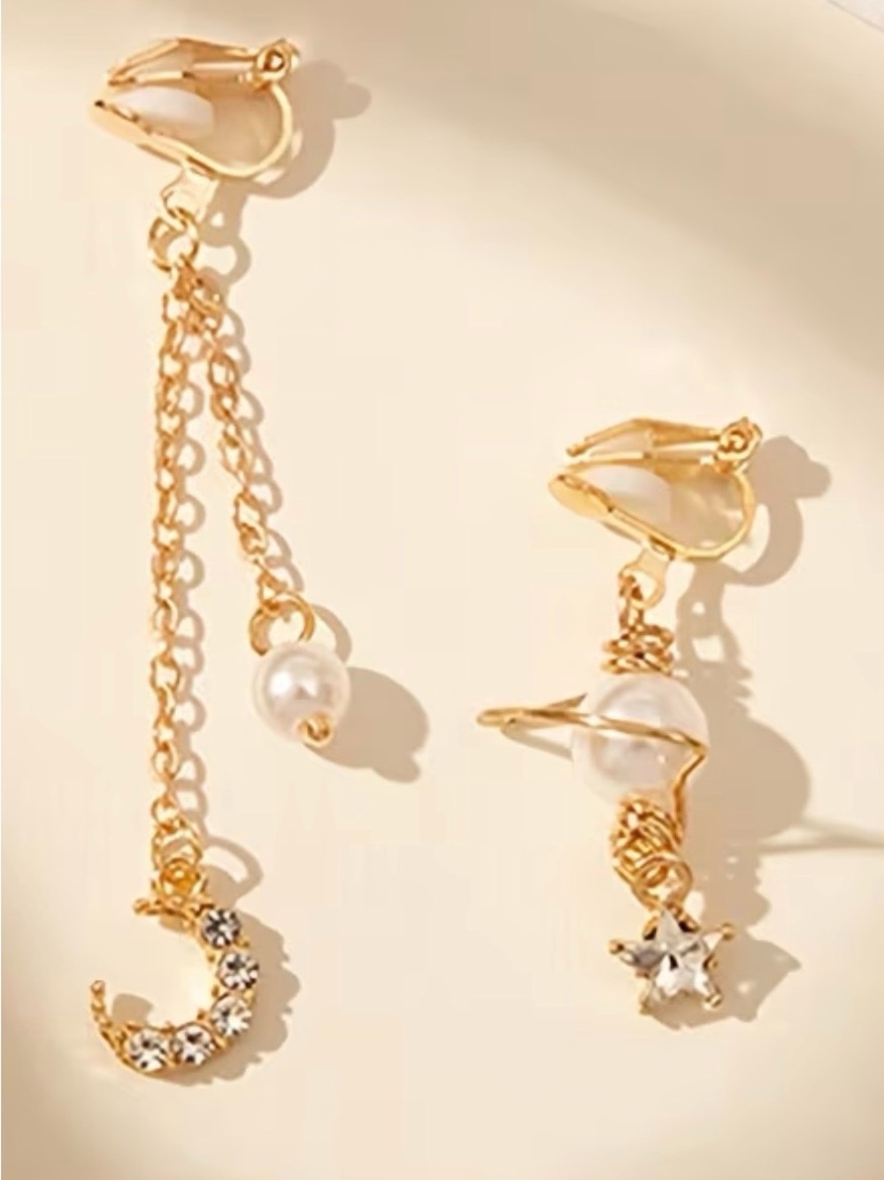 Gold Pearl and Crystal Asymmetric Drop Clip-On Earrings